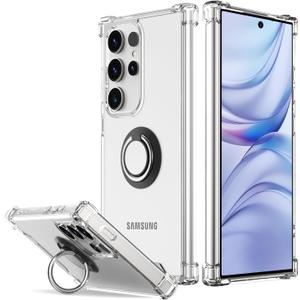 for Galaxy S25 Ultra Case Clear with 360 Rotation Metal Ring Holder Stand, Support Magnetic Car Phone Mount Soft TPU Bumper PC Hard Protective Phone Case for Samsung S25 Ultra 5G (Clear)