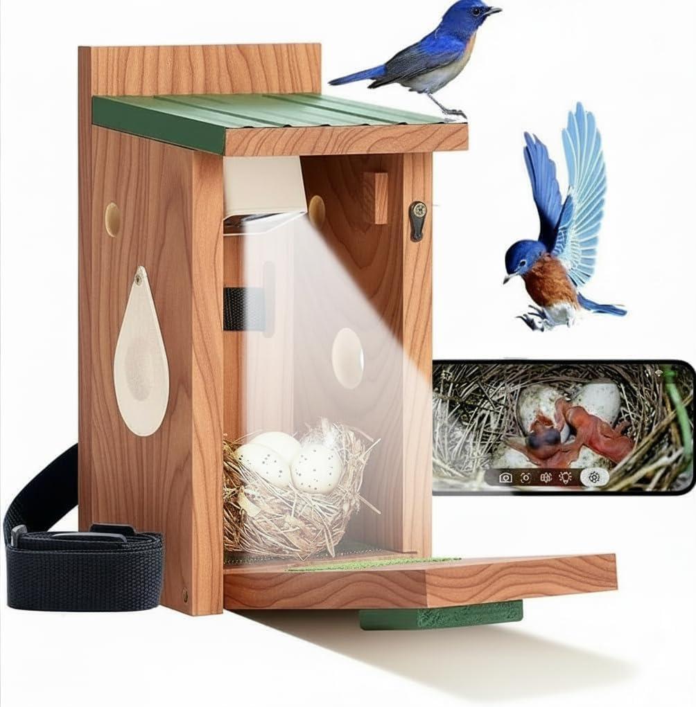 Bluebird Bird House with Camera,Metal Roof,1080P Birdhouse for Outside with Night Vision, Birdhouse with Camera APP Control, 2.4G WiFi App to Observe Bird Activities(A)
