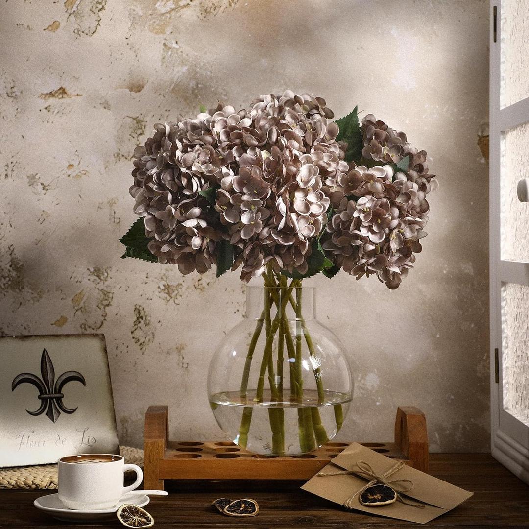 Coffee Brown 8 Pcs 18 Inch Hydrangea Artificial Flowers Faux Hydrangea Flowers with Stems Fake Bouquet Bulk Realistic Floral for Fall Thanksgiving Home Table Christmas Indoor Decoration