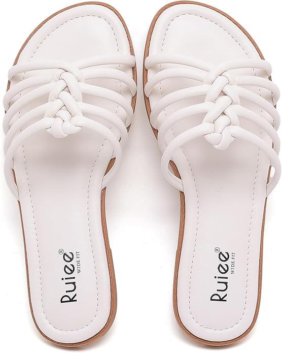 Ruiee Wide Width Sandals for Women, Summer Wide Feet Flat Slides Casual Comfort Braided Strap Slip on Open Toe Breathable Beach Shoes. 258006 White Size 8