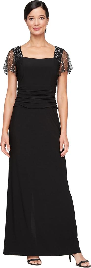 S.L. Fashions Women's Long Length Ruched Waist Formal Evening Dress with Beaded Illusion Sleeves (Petite and Regular Sizes) (Black)