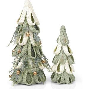 2PCS Hand Woven Christmas Tree Decor, Set of 11.8 Inch and 8.3Inch Tabletop Trees with Golden Berries, Farmhouse Winter Decor for Centerpiece, Mantel, Holiday Home Decorations (Sage Green and White)