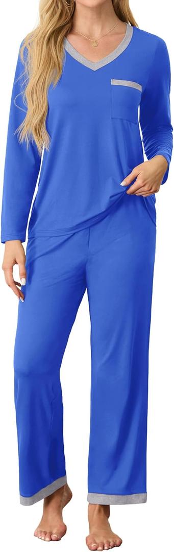 SHIJIALI Women's Pajama Sets 2 Piece Ladies Long Sleeve Lounge Outfits Long Pant Pjs With Pockets Royal Blue, Size: Large