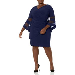 R&M Richards Women's Elegant Wrap Dress W/Sheer Angel Sleeves & Side Rhinestone Accent (12 Petite, Navy)