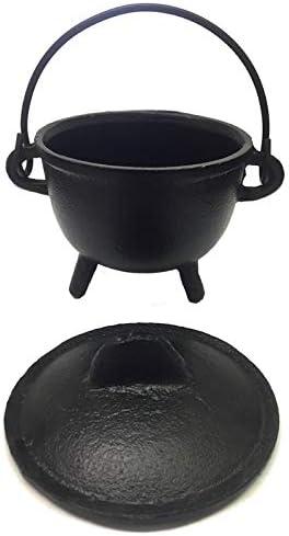 New Age Imports, Inc. Cast Iron Cauldron w/handle & lid, ideal for smudging, incense burning, ritual purpose, decoration, Halloween decoration, candle holder, etc. (Pot Style 4" Dia (BR90)) (Black)