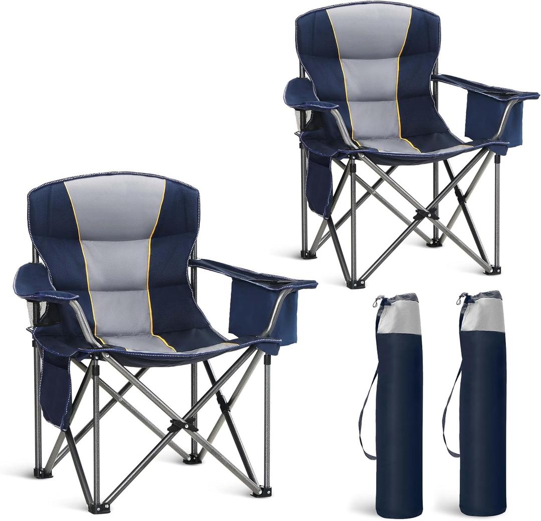HIGH POINT SPORTS Oversized Portable Camping Folding Chair, Heavy Duty Portable Lawn Chairs, Folding Chairs for Outside with Cup Holder and Cooler Bag for Camp, Travel, Support 450 LBS, 2 Pack, Blue