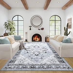 Area Rugs 8x10, Machine Washable Rug for Living Room, Vintage Floral Non Slip Low Pile Rug for Living Room, Bedroom, Dining Room, Home Office Decor Coffee Table Large Carpet (Cyan, 8x10)