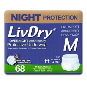 LivDry Overnight Adult Diapers for Women and Men, Max Protection Incontinence Underwear (Medium, 68-Pack)