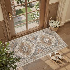 Madane Washable Area Rug 2x4, Small Entryway Rug Non-Slip Vintage Door Mat Indoor Entrance, Low Pile Floor Carpet Runner for Inside Front Door Kitchen Entry Laundry, Turmeric/Grey