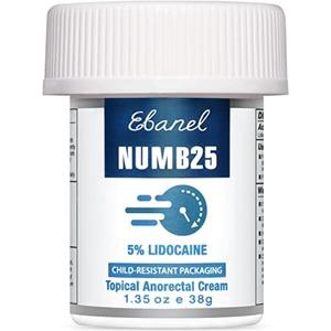 Ebanel 5% Lidocaine Numbing Cream, Pain Relief Burn Itch Numb Cream, Maximum Strength Numb25 Topical Anesthetic with Allantoin, Vitamin E for Local and Anorectal Uses, Hemorrhoid Treatment, 1.35 Oz