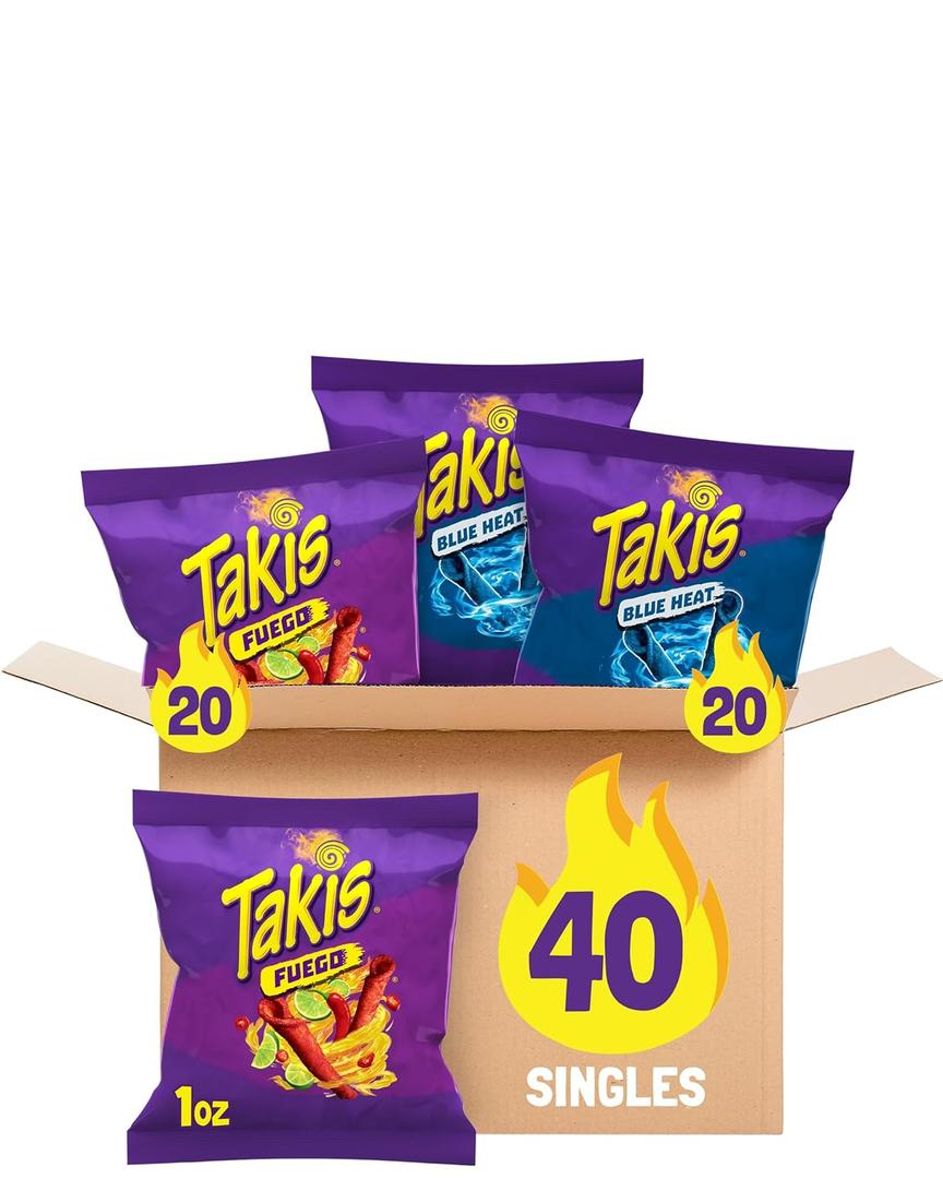 Takis 40 pc / 1 oz Variety Pack - Fuego & Blue Heat Flavored Rolled Tortilla Chips - (20) Fuego, (20) Blue Heat - Perfect for Tailgates, Parties, or the Office Best By 02/24/2026
