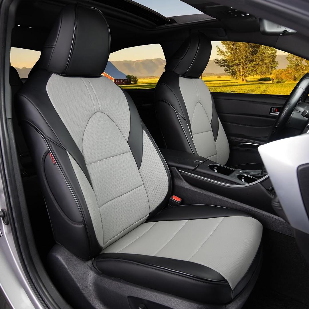 HKZ Custom Fit Camry Seat Covers for Toyota Camry 2018 2019 2020 2021 2022 2023 2024 XLE, XSE, XLE V6, XSE V6 - Gas Models Only & Avalon 2019-2022(Non-Hybrid) 5-Seats Full Set, Leather-Black+Grey