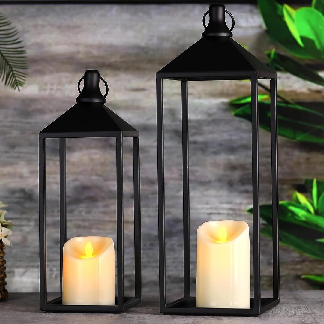 Modern Farmhouse Lanterns Decorative Indoor & Outdoor, 17" 13" Set of 2 Black Vintage Lantern with Flameless Candles, Metal Christmas Lantern Decor for Room, Porch, Mantle, Patio, Home Decor
