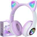TCJJ Bluetooth 6.0 Cat Ear Kids Headphones for Girls, LED Light Up, 85dB Safe Volume Limit, Stereo Sound Toddler Foldable Wireless & 3.5mm Wired Headset with Mic for School, Tablet, Travel (Purple)