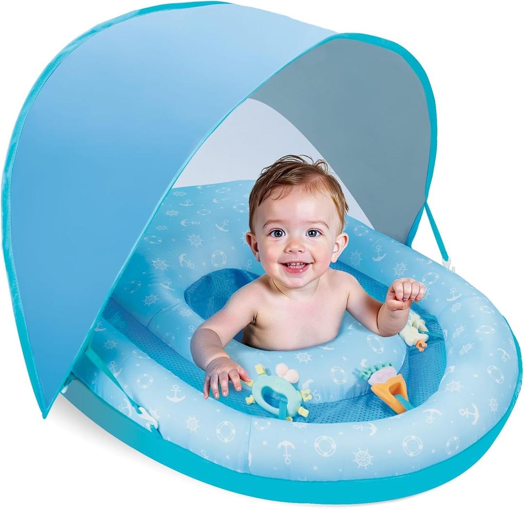 WERNNSAI Baby Pool Float with Foldable Canopy & UPF Protection Inflatable Infant Baby Swimming Float Chair with Sea Animal Toys Swimming Pool Accessories for Kids Toddler