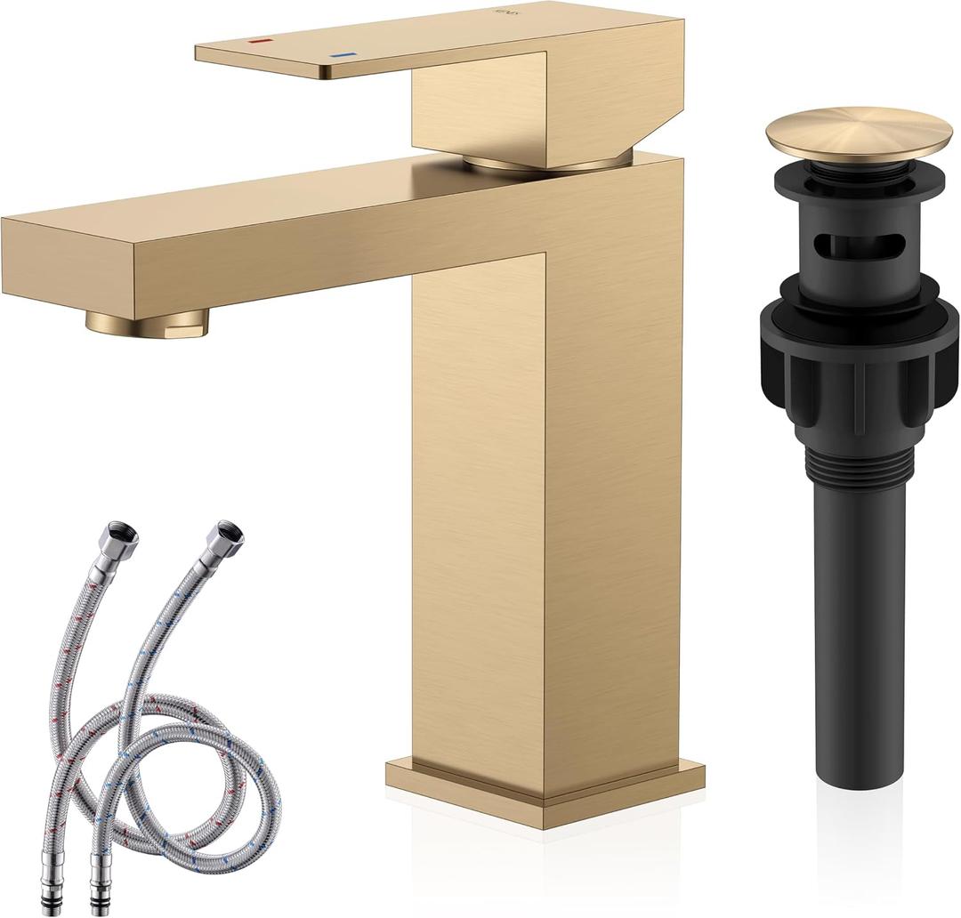 KENES Champagne Bronze Bathroom Faucet 1 Hole, Single Handle Gold Bathroom Sink Faucet, Vanity Faucet with Pop Up Drain and Supply Lines, LJ-9031-CB