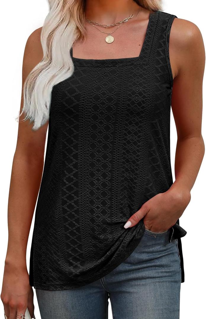 OFEEFAN Womens Tank Tops Square Neck Summer Loose Fit Casual Basic Fashion Flowy Sleeveless (Small, 0-black)