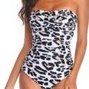 Smismivo Tummy Control Swimwear Strapless One Piece Swimsuit Ruched Bathing Suits for Women Slimming Bandeau Tube Top Bikini (Small, Leopard)