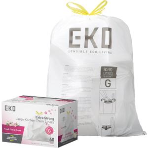 EKO 21 Gallon / 80 Liter Drawstring Trash Bags, Extra-Strong Garbage Bags, Fresh Floral Scent with Continuous Odor Control, 60 Count Easy-Dispense Roll for Kitchen and Household Use, Code G, White