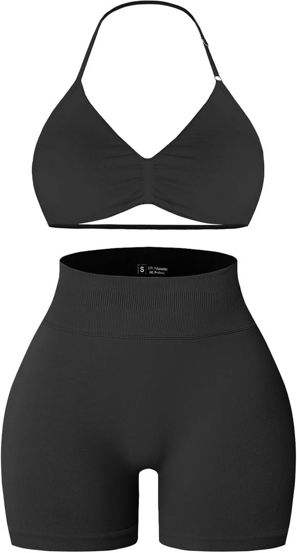 Comper 2 Piece Workout Sets for Women Halter Strappy Sports Bra with Seamless Ribbed Gym Yoga shorts Outfits (Black, M)