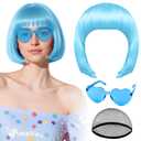 PLULON Light Blue Bob Wig with Heart Sunglasses and Hair Cap, Colorful Short Bob Wigs Synthetic Party Wigs Funny Cosplay Hairpieces for Women Men Neon Bachelorette Halloween Costume Party Decorations