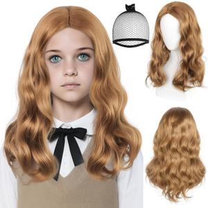 Brown Long Wavy Wig for Women Brown Cosplay Wigs with Middle Part for Halloween Outfit Long Wavy Curly Wigs Brown Wig for Daily Cosplay Costume Party + Hair Cap