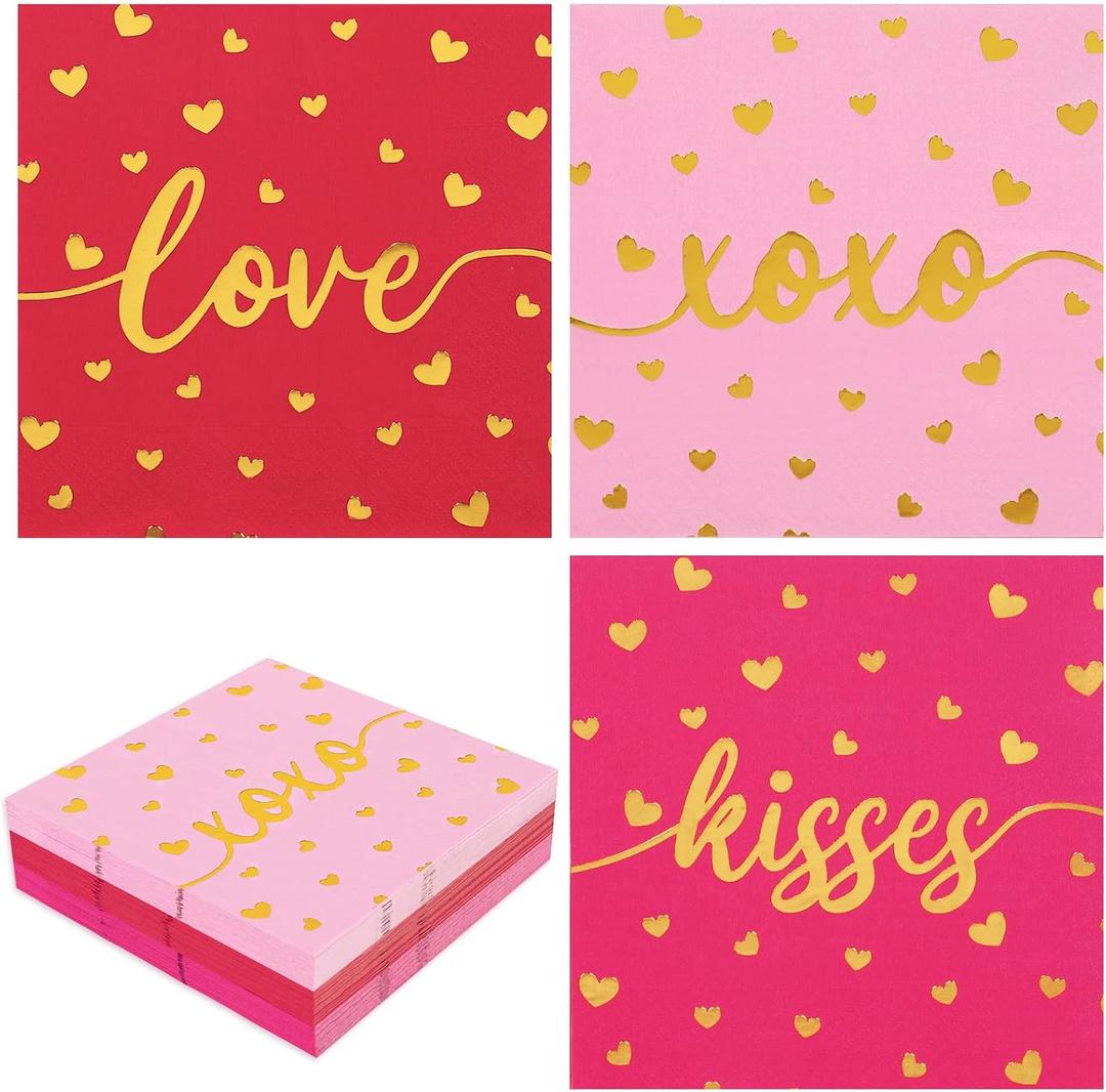 Whaline 75 Pack Valentine's Day Paper Napkins Red Pink Gold Foil Love XOXO Kisses Disposable Dinner Napkins for Wedding Anniversary Party Supplies Table Decor