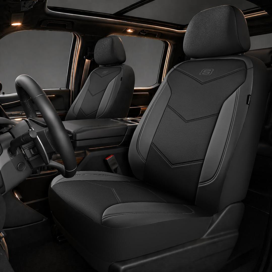Skechers Memory Foam Seat Covers,Leather Car Seat Covers, Ultimate Comfort & Support Front Seat Covers Airbag Compatible, Automotive Universal Fit Most for SUVs, Vans, Sedans, Cars, Trucks,Black