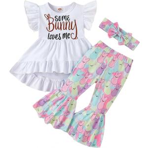 Noubeau Toddler Baby Girl Easter Outfits Ruffle Letter Rabbit Print Dress Shirt Top Leopard Bell-Bottom Flare Pant Headband (White), Size 9-12M
