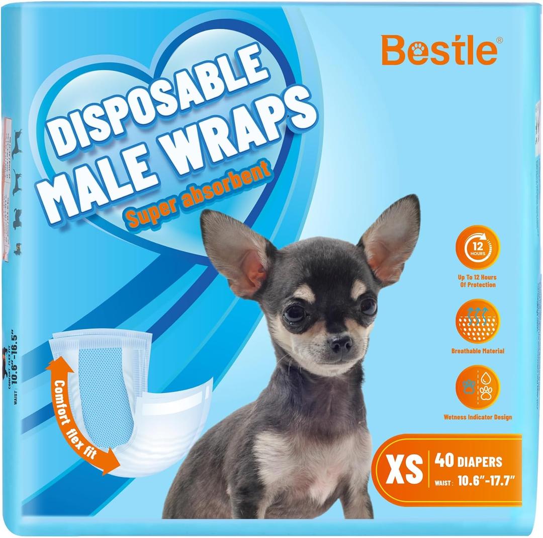 Bestle Male Dog Wrap, Disposable Dog Diapers, 40 Count, XS (Waist 10.6-16.6), Wetness Indicator, Ultra Protection, Leak Proof, Super Absorbent, Soft