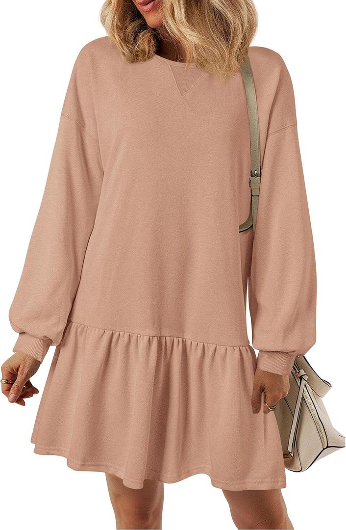 PRETTYGARDEN Womens Patchwork Sweatshirt Dress 2025 Fall Casual Long Sleeve Crewneck Pullover Cute Babydoll Mini Dresses (Nude Pink,X-Large) (XL)