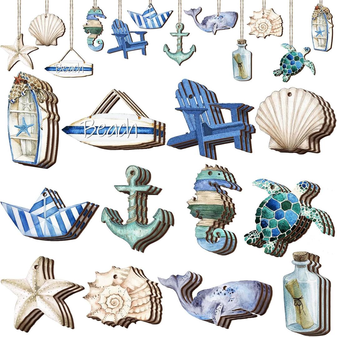 Maitys 36 Pcs Beach Wooden Ornaments Ocean Summer Tree Decorations Coastal Nautical Seaside Wood Cutouts Navigation Hanging Ornaments Xmas Decorations for Home Tree Wall Wreath Crafts(Beach Sea)