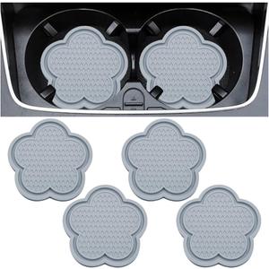 4PCS Car Cup Holder Coasters, Cute Flower Shaped Auto Cup Holder Insert Mat Decoration, Universal Anti-Slip Car Interior Beverage Coaster Accessories Sets for Women Men (Grey)