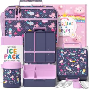 Fimibuke Kids Bento Snack Lunch Box with 4 Compartment, Insulated Lunch Bag, Stainless Steel Vacuum Thermo Food Jar, Ice Pack, Utensils Set, Birthday Gifts for Age 3-12 Back to School Toddler Girl Boy (A5.Mermaid)