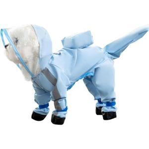Waterproof Dog Raincoat,Full Coverage 4 Legs Dog Rain Jacket for Small Dogs,Pet Rain Coat with Hood,Reflective Strips&Leash Hole Outdoor Raincoat (Smallfor Weight 3.3-5 lb, Blue)