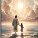 Jesus Canvas Wall Art Jesus With Girls Walks On Water Painting Picture Wall Decor Christian Art Decor Religious Poster Print Artwork for Living Room Bedroom Church Home Decoration (24"L x 16"W)