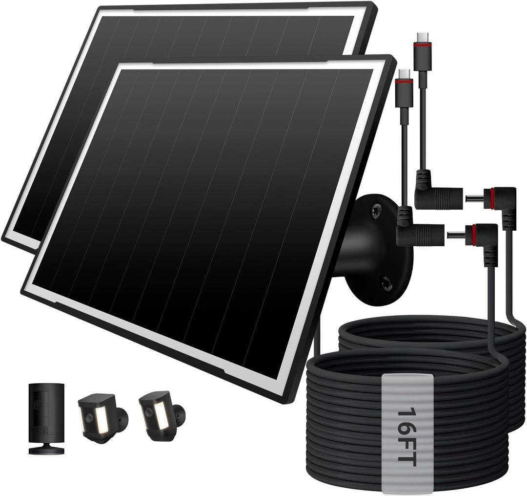 2 Pack Solar Panel for Ring Camera/Wyze Cameras, 8W Solar Charger Compatible with Stick Up Cam Pro/Plus & Spotlight Cam (Battery) Plus/Pro - Waterproof, 16ft Long Cable, DC3.5mm & USB C Ports, Black