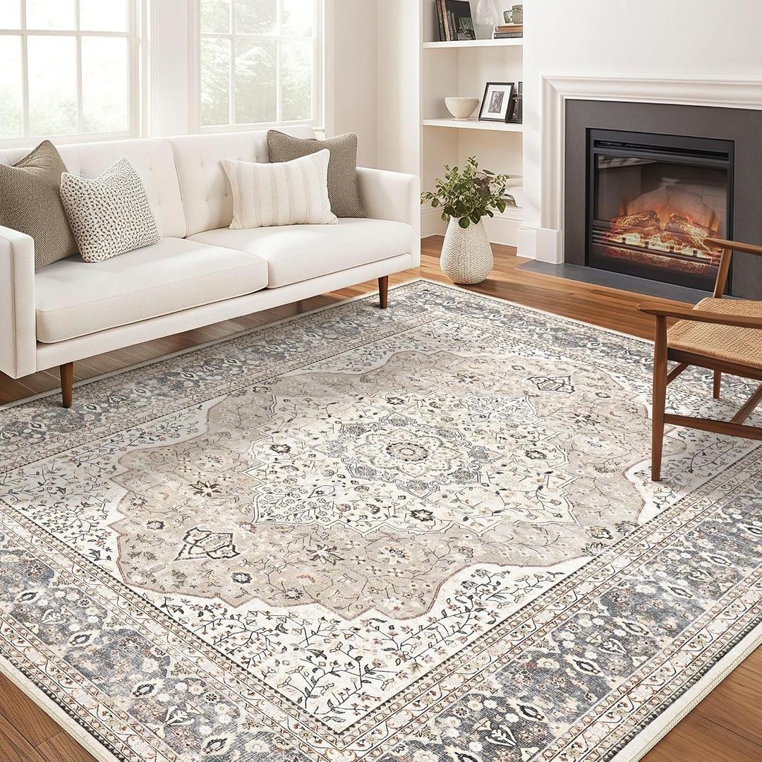 Washable Rug for Living Room - 10x12 Non-Slip Soft Vintage Floral Area Rug for Family Kids & Pet, Stain Resistant Carpet for High Traffic Bedroom Dining Room Teen Dorm Home Decor Aesthetic (Camel)