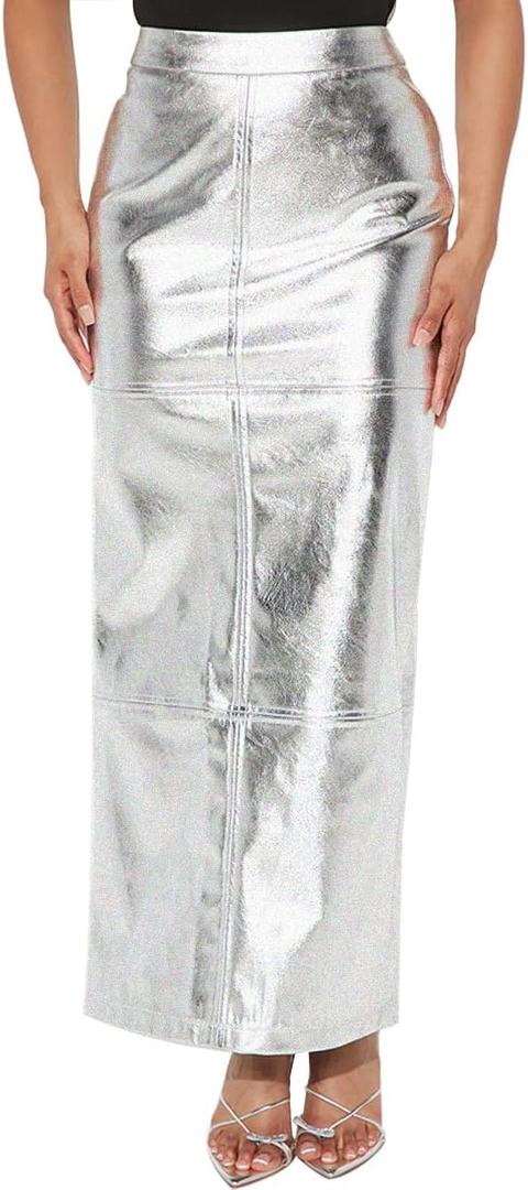 Women's Sexy Summer Sparkly High Waist Slit Hem Bodycon Club Mermaid Maxi Skirt (Silver, S)