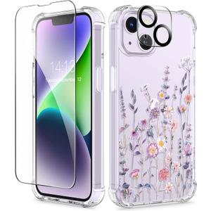 GVIEWIN for iPhone 14 Plus Case Floral, with Screen Protector+Camera Lens Protector,[Non Yellowing] Soft Shockproof Clear Phone Protective Cover Women, Flower Pattern Design 6.7"(Floratopia/Colorful)