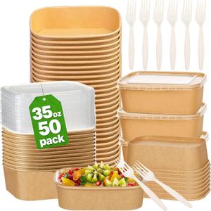 50 Pack 35Oz Disposable Meal Prep Containers With Lids and Forks-Disposable Kraft Paper Bowls-to go food containers-Microwavable and Freezer Safe Take Out Containers for Hot/Cold Food Prep and Salad