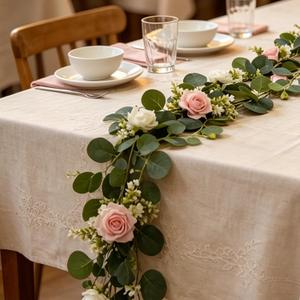 2 Pack 12Ft Artificial Eucalyptus Flower Garland with Pink Roses White Flowers, Fake Rose Flower Greenery Garland Floral Vines for Wedding Home Party Table Runner Decor