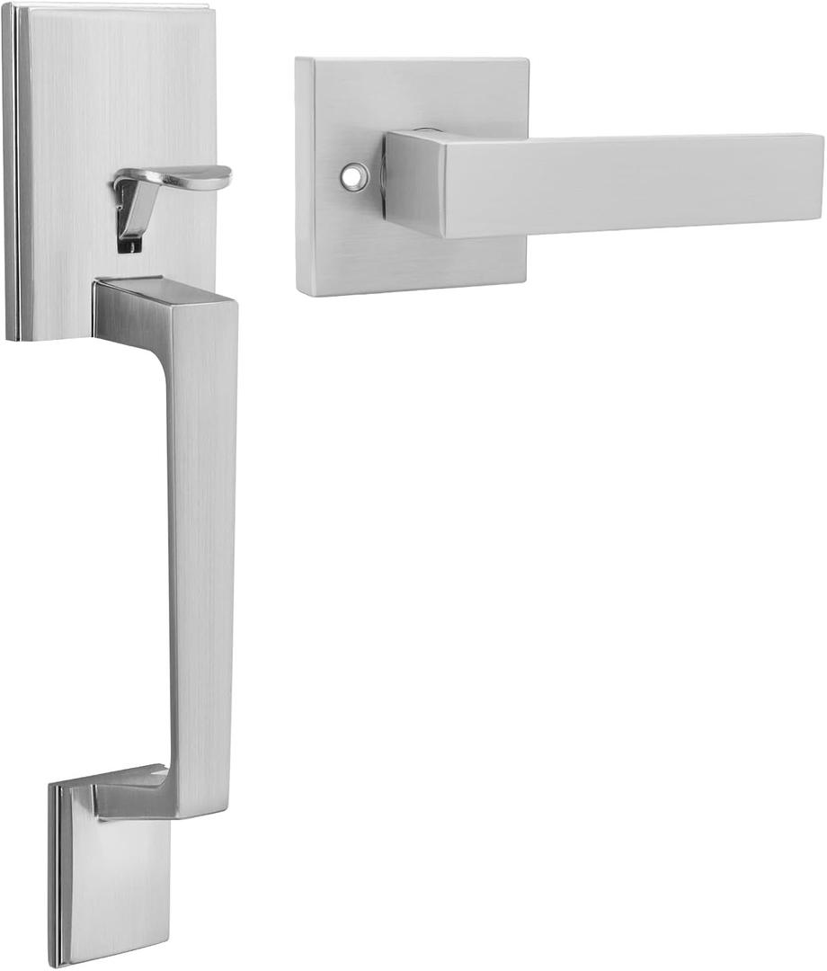 Haidms Brushed Nickel Front Door Handle, Single Cylinder Exterior Door Entry Handle with Door Lever, Entry Door Handle Set, Reversible for Right and Left Handed Sided Doors