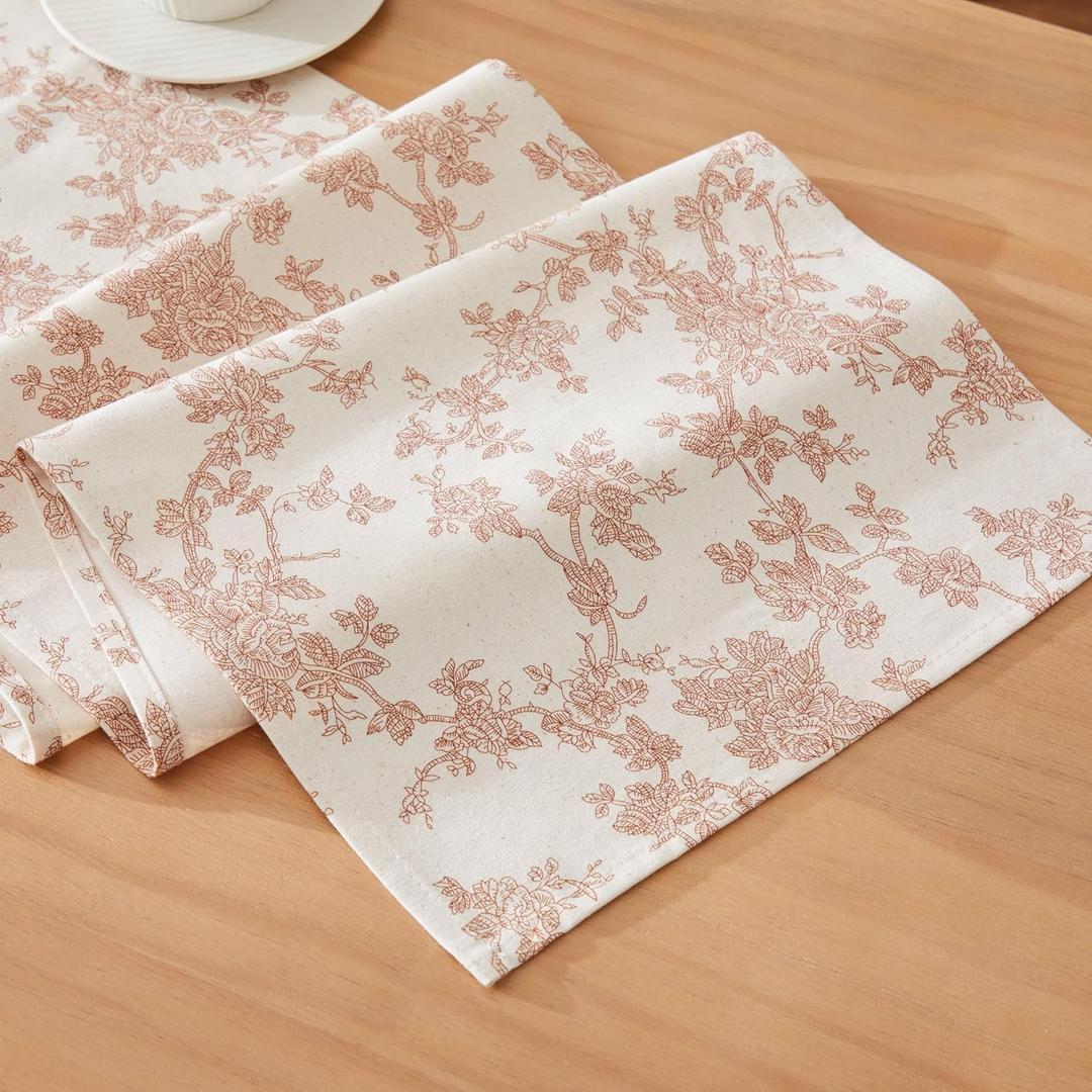 100% Cotton French Pastoral Table Runners, 13x90 Inch Terracota Farmhouse Table Runners 90 Inches Long, Vintage Flowers Print Home Decors