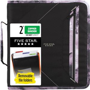 Five Star Zipper Binder, 2 Inch 3-Ring Binder for School, 530 Sheet Capacity, 3 Removable Tabbed File Folders, Black (29036IT8)