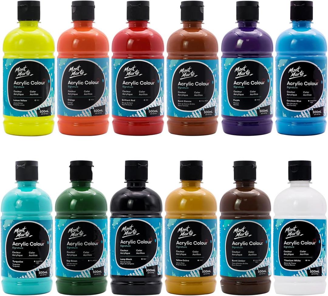 Mont Marte Signature Basic Color Acrylic Paint Set, 16.9oz (500ml), Semi-Matte Finish,Suitable for Canvas, Wood, Fabric, Leather, Cardboard, Paper, MDF and Crafts Pack of 12