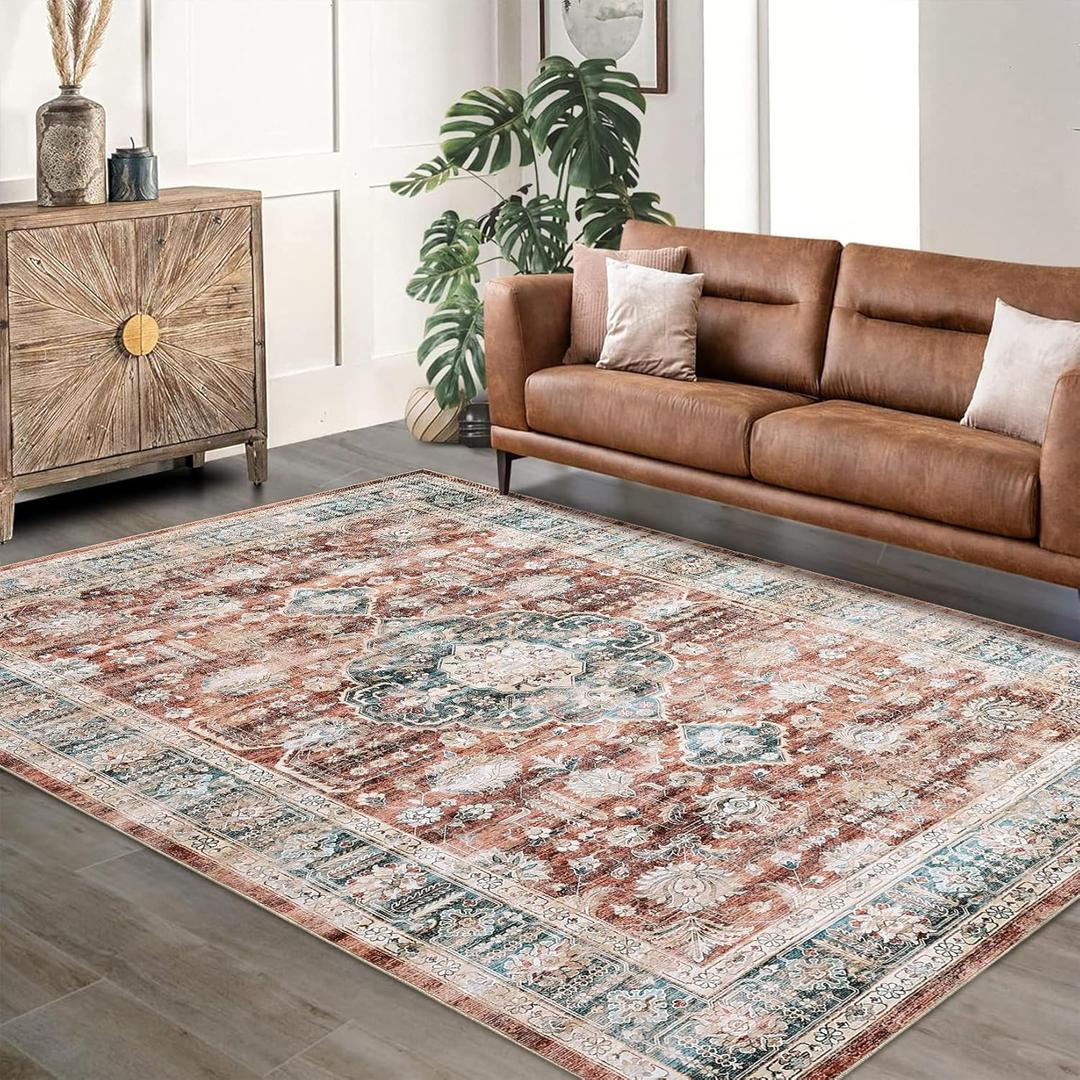 GarveeHome 8x10 Vintage Washable Area Rug for Living Room: Vintage Living Room Machine Washable Area Rug with Non-Slip Backing Low Pile Carpet for Bedroom Large Dining Room Carpet Brick Red