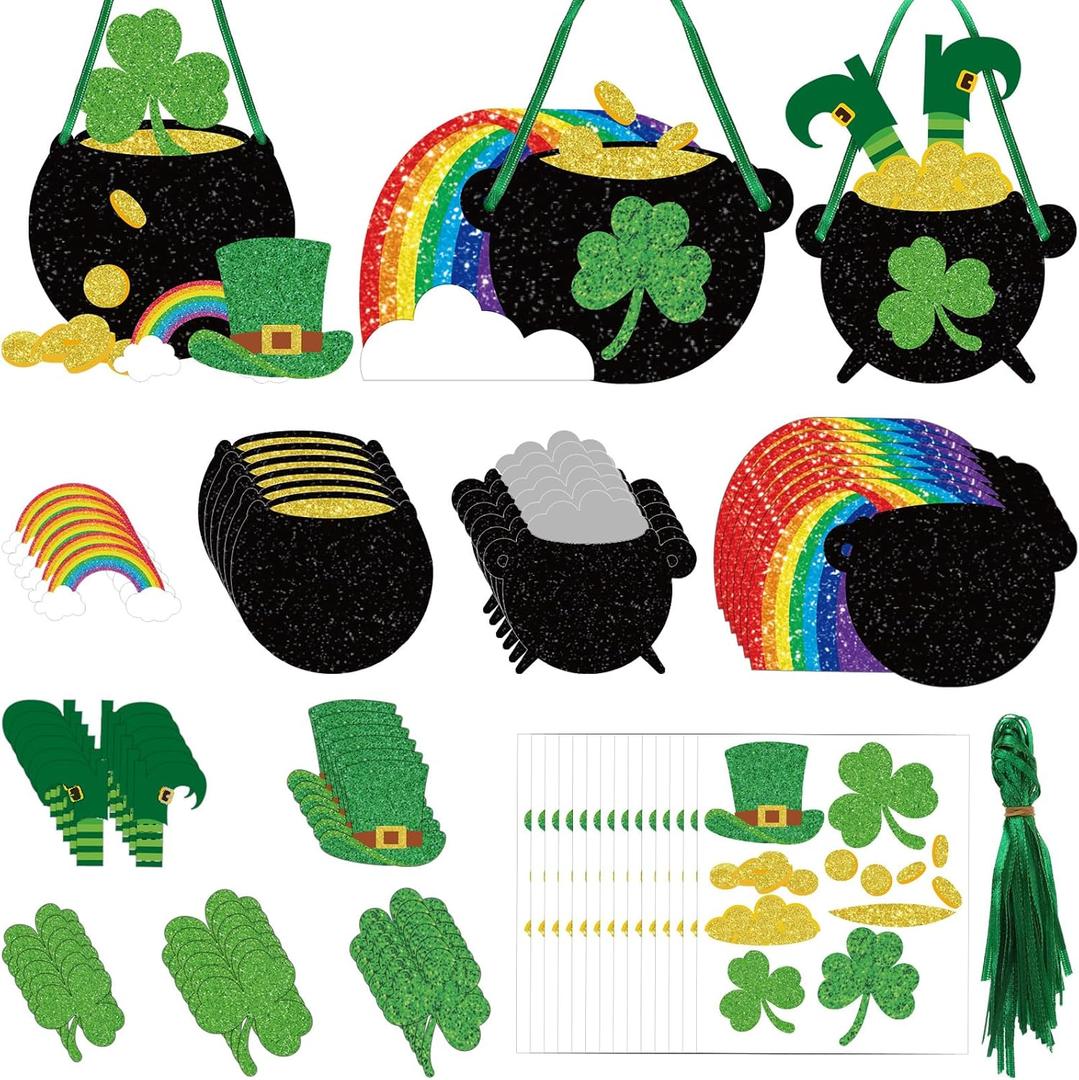 Nuanchu 36 Sets St. Patrick Day Craft Kits DIY Gold Pot Shamrock Coin Hats Rainbow Stickers Hanging St. Patrick Day Decorations for Irish Activity Luck Gift Art
