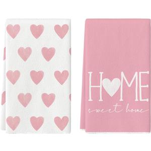 Artoid Mode Pink Heart Love Home Sweet Home Valentine's Kitchen Towels Dish Towels, 18x26 Inch Anniversary Wedding Decoration Hand Towels Set of 2