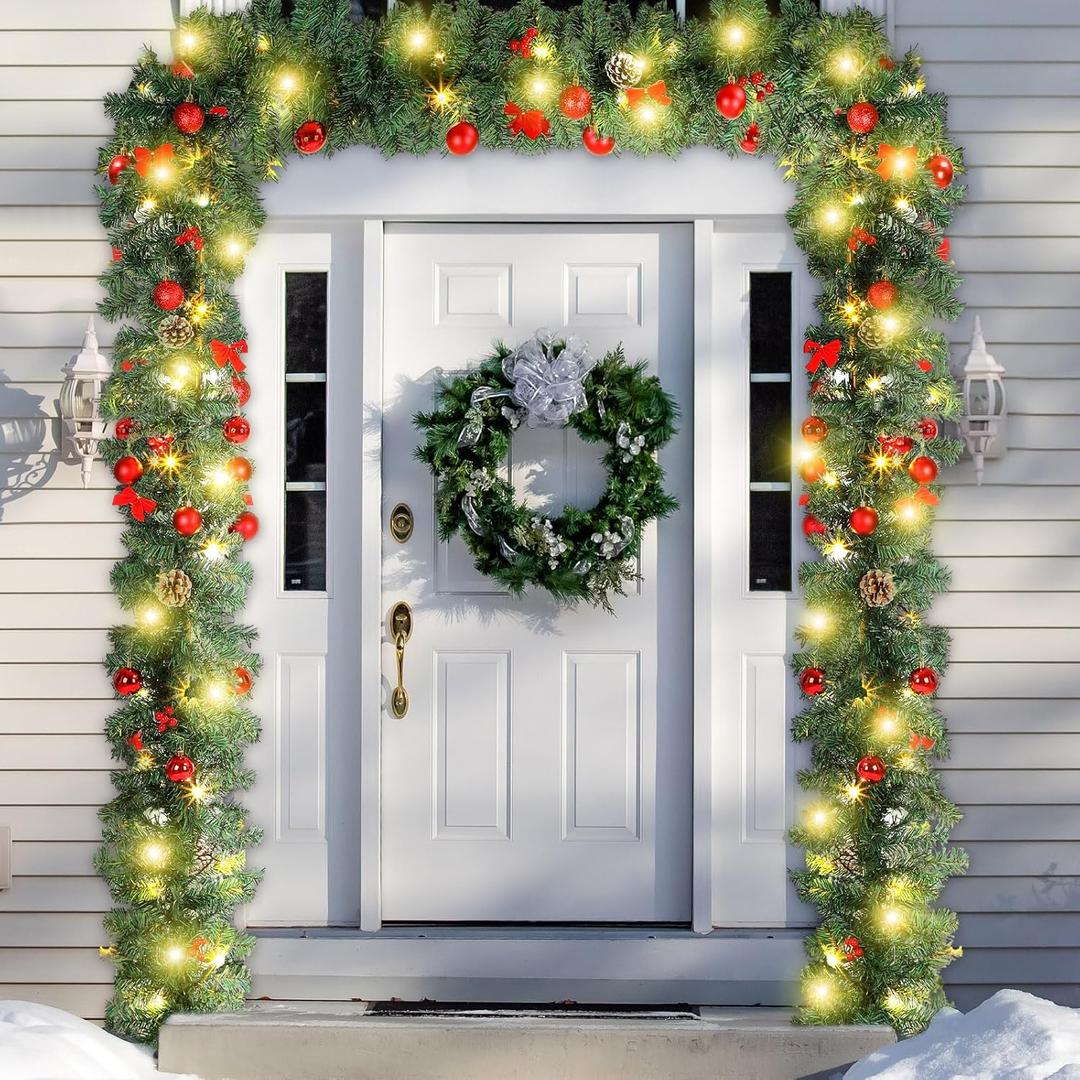 Ceenna Extra Long 15ft Christmas Garland with 100 LED Lights Artificial Pine Prelit Lighted Christmas Outdoor Indoor Decorations Xmas Holiday Stairs Railing Mantle Door Decor(Berry Bow Garland)